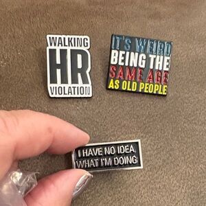 Novelty Black and Multicolor Enamel Pin Set - Walking HR Violation & Quote Pins